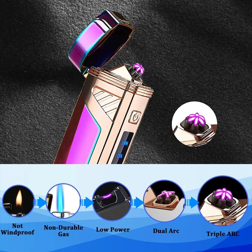 Triple-Arc Electric Lighter - Windproof, Flameless Plasma Lighter - Rechargeable USB - 2-in-1 Opener with Digital Battery Indicator