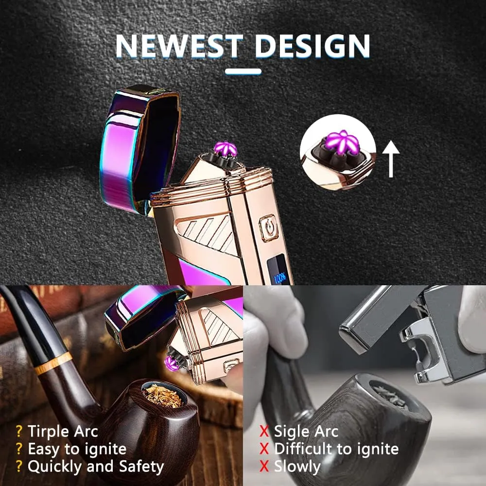 Triple-Arc Electric Lighter - Windproof, Flameless Plasma Lighter - Rechargeable USB - 2-in-1 Opener with Digital Battery Indicator