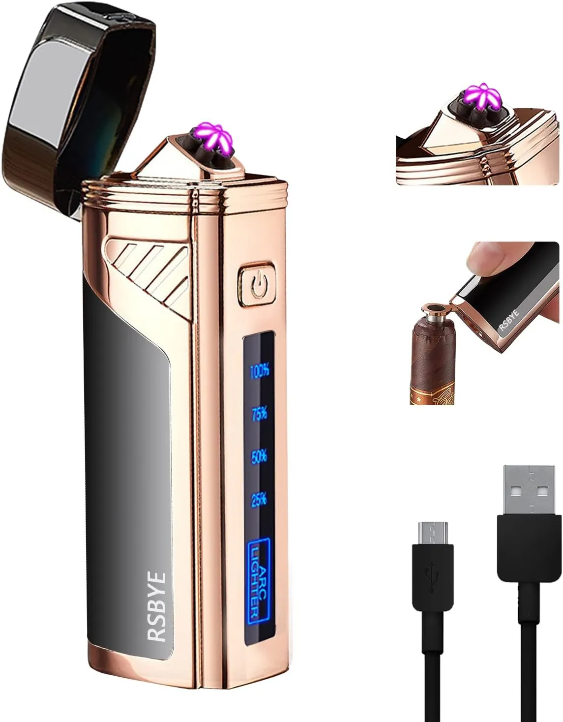 Triple-Arc Electric Lighter Windproof Lighter Flameless Plasma Lighter Rechargeable USB Lighter 2-in-1 Opener with Digital Battery Indicator (ICY Black)