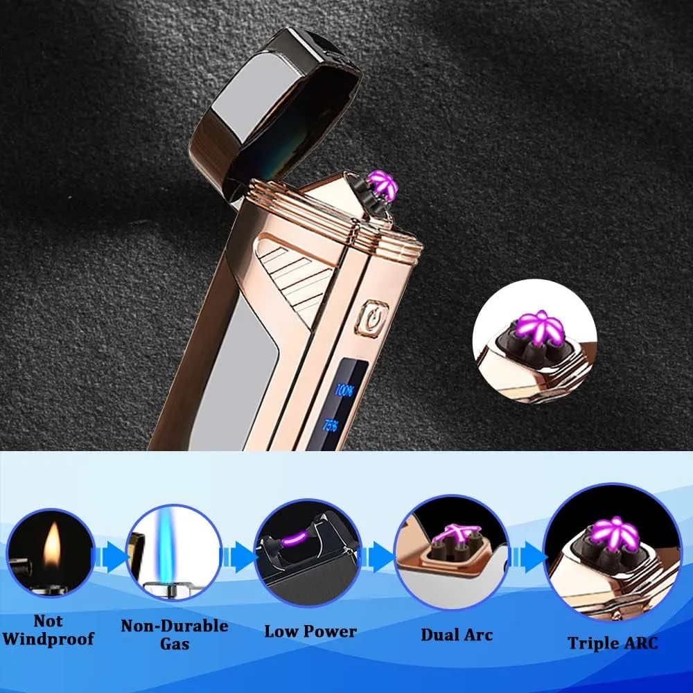 Triple-Arc Electric Lighter Windproof Lighter Flameless Plasma Lighter Rechargeable USB Lighter 2-in-1 Opener with Digital Battery Indicator (ICY Black)