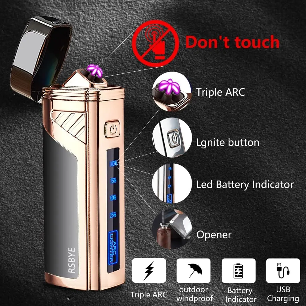 Triple-Arc Electric Lighter Windproof Lighter Flameless Plasma Lighter Rechargeable USB Lighter 2-in-1 Opener with Digital Battery Indicator (ICY Black)