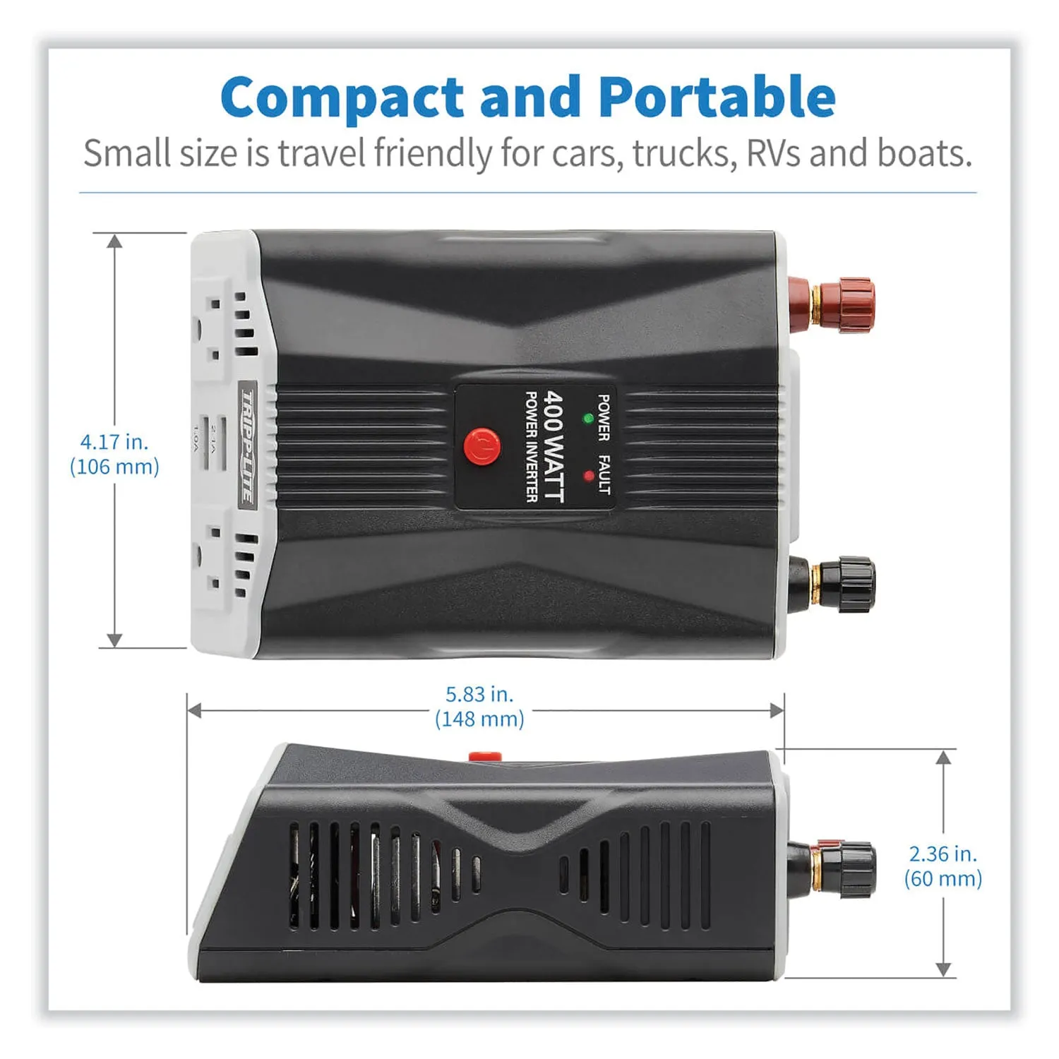 Tripp Lite by Eaton PowerVerter Ultra-Compact Car Inverter, 400 W, Two AC Outlets/Two USB Ports, 3.1 A