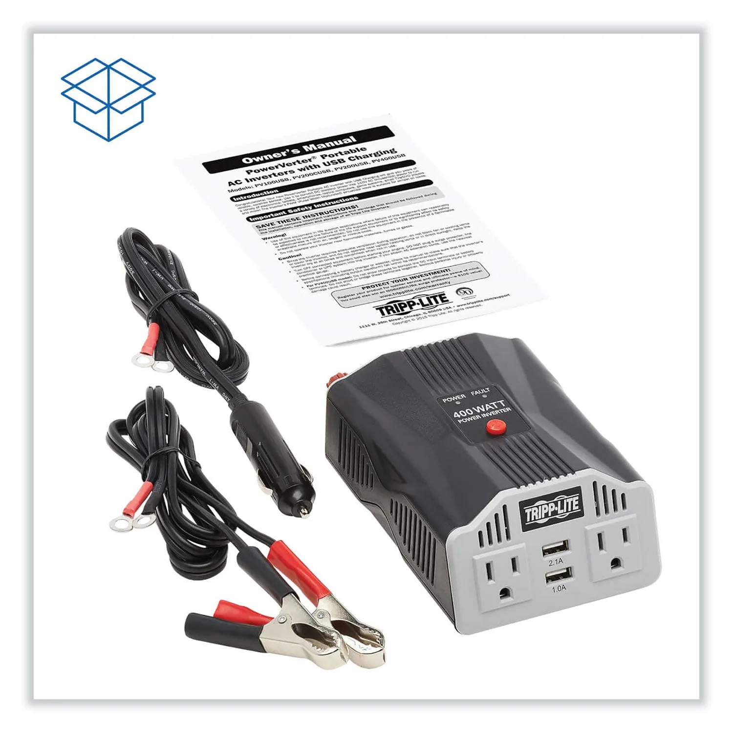 Tripp Lite by Eaton PowerVerter Ultra-Compact Car Inverter, 400 W, Two AC Outlets/Two USB Ports, 3.1 A