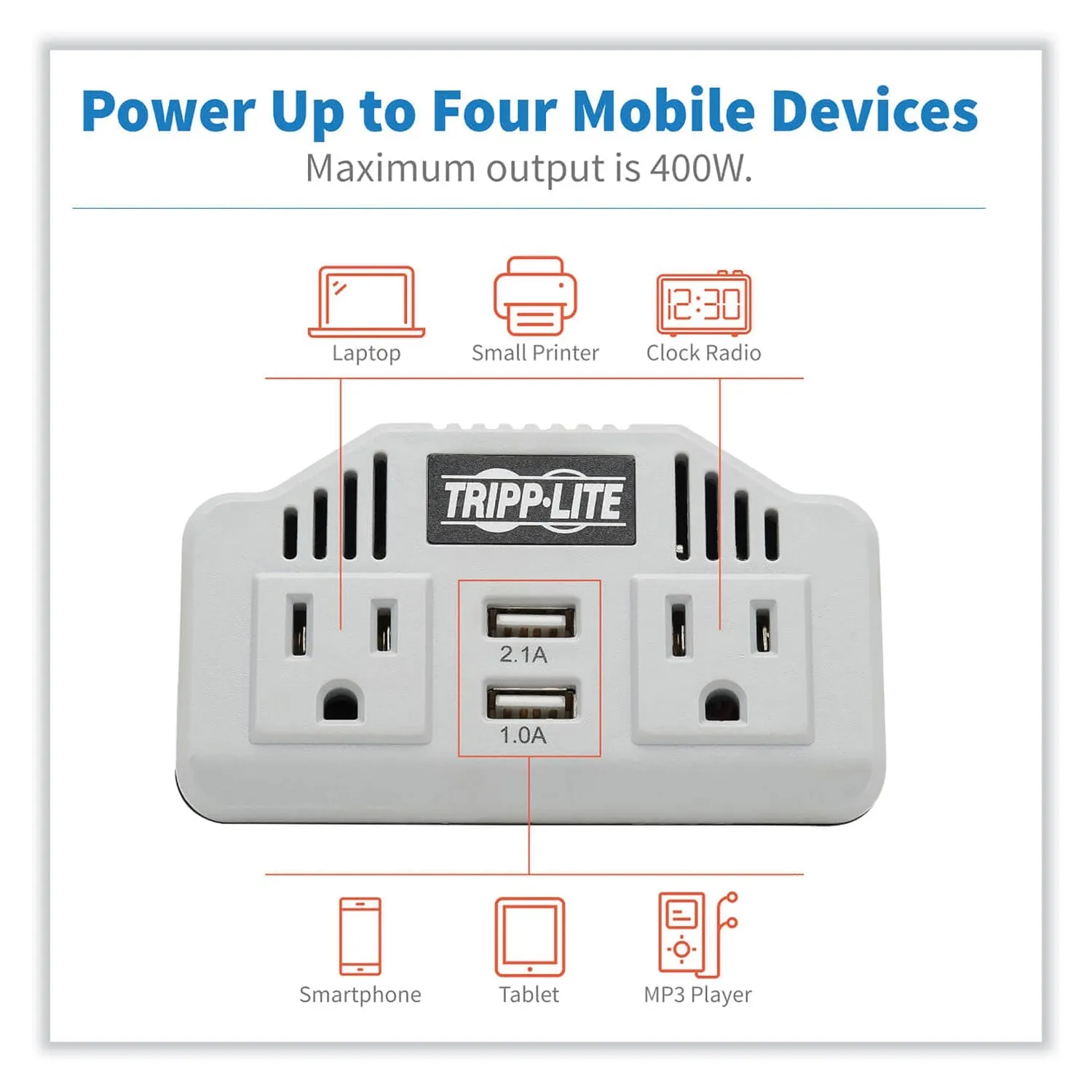 Tripp Lite by Eaton PowerVerter Ultra-Compact Car Inverter, 400 W, Two AC Outlets/Two USB Ports, 3.1 A