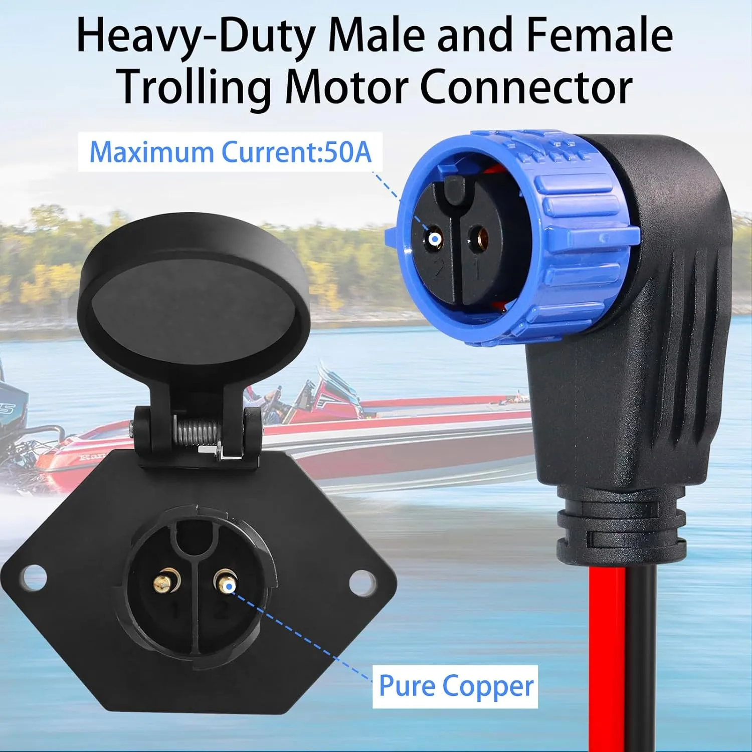 Trolling Motor Plugs for Minn Kota 12V/24V/36V/48V 2-Wire 8 Gauge 50A Trolling Motor Plug Receptacle Set for Marine Boat Down Rigger Fishing Reel,Male & Female Watertight Quick Connect