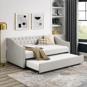 Twin Size Daybed with Twin Size Trundle Upholstered Tufted Sofa Bed, with Button on Back and Copper Nail on Waved Shape Arms, Beige (80.5""x41""x30.5"")