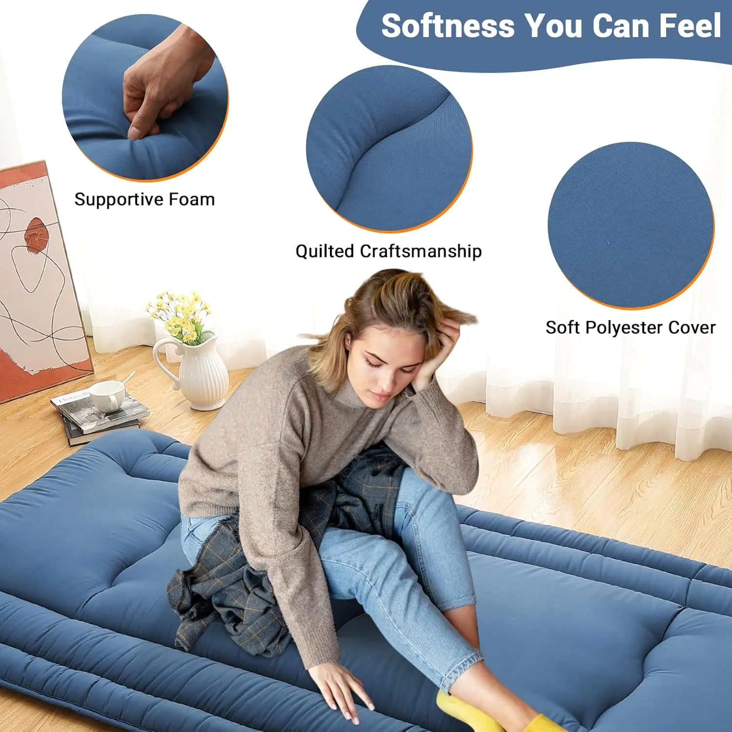 Twin Size Futon Mattress, Japanese Floor Sleeping Mat Rollable Tatami Mattress for Dorm, Portable & Foldable Floor Mattress Sleeping Mattress Pad for RV Travel Camping, Navy Blue