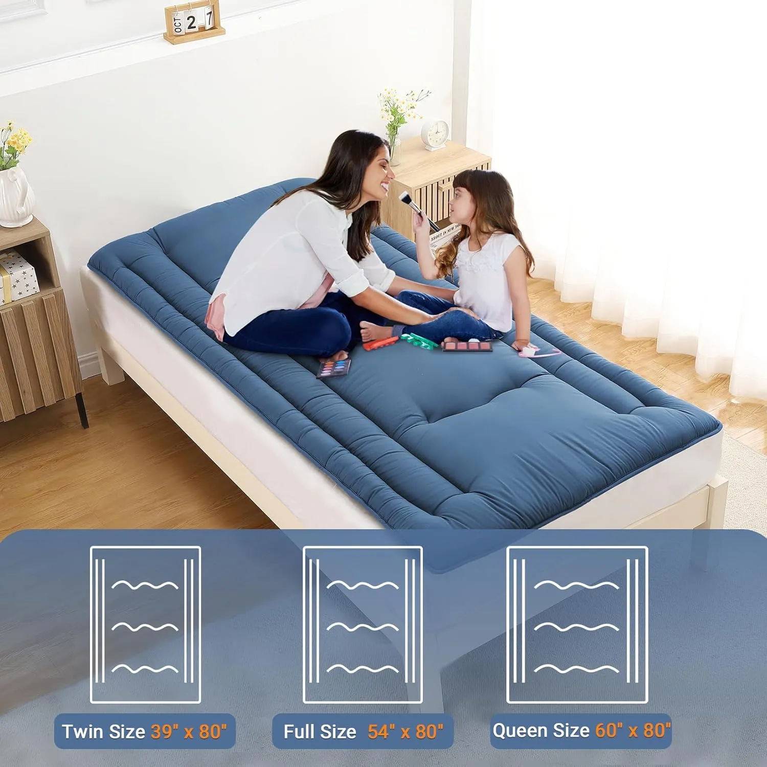 Twin Size Futon Mattress, Japanese Floor Sleeping Mat Rollable Tatami Mattress for Dorm, Portable & Foldable Floor Mattress Sleeping Mattress Pad for RV Travel Camping, Navy Blue