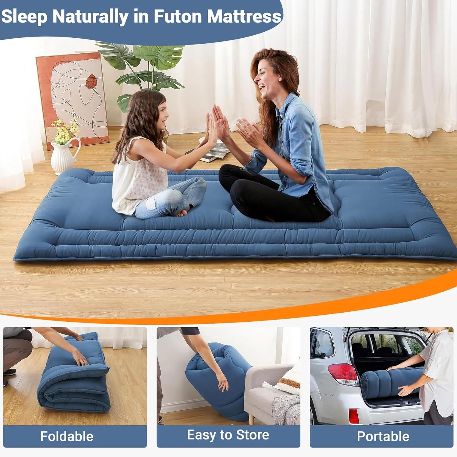 Twin Size Futon Mattress, Japanese Floor Sleeping Mat Rollable Tatami Mattress for Dorm, Portable & Foldable Floor Mattress Sleeping Mattress Pad for RV Travel Camping, Navy Blue