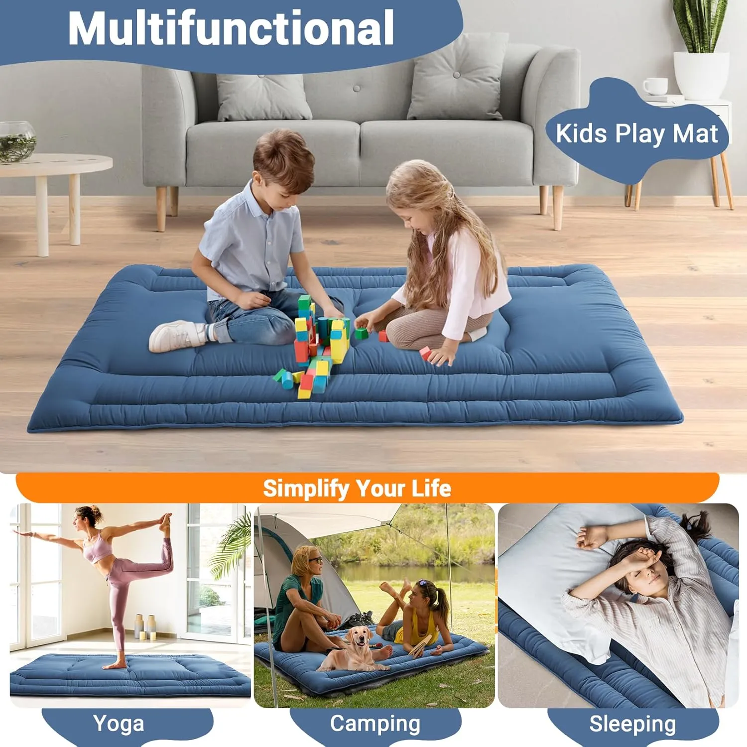 Twin Size Futon Mattress, Japanese Floor Sleeping Mat Rollable Tatami Mattress for Dorm, Portable & Foldable Floor Mattress Sleeping Mattress Pad for RV Travel Camping, Navy Blue