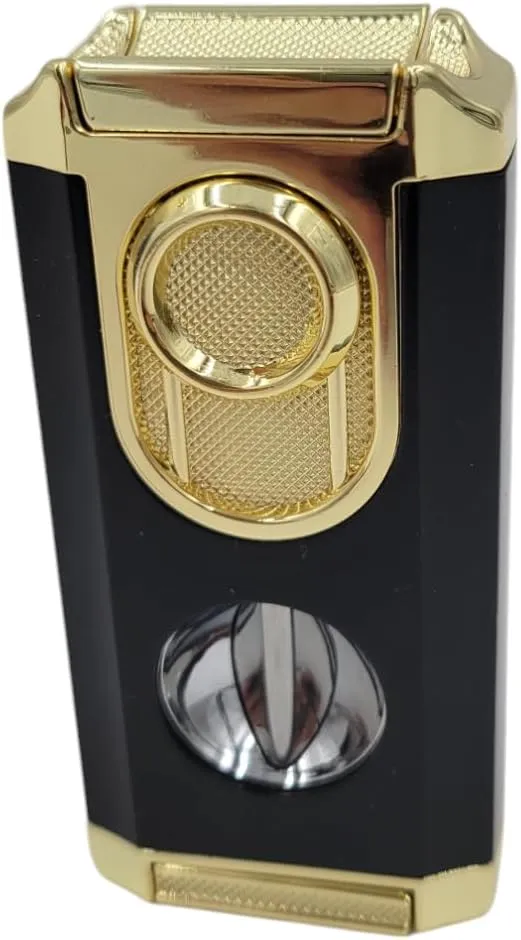 Ultimate 3-Burner Cigar Lighter with Integrated V-Cutter V-Cut Burner (Black & Gold)