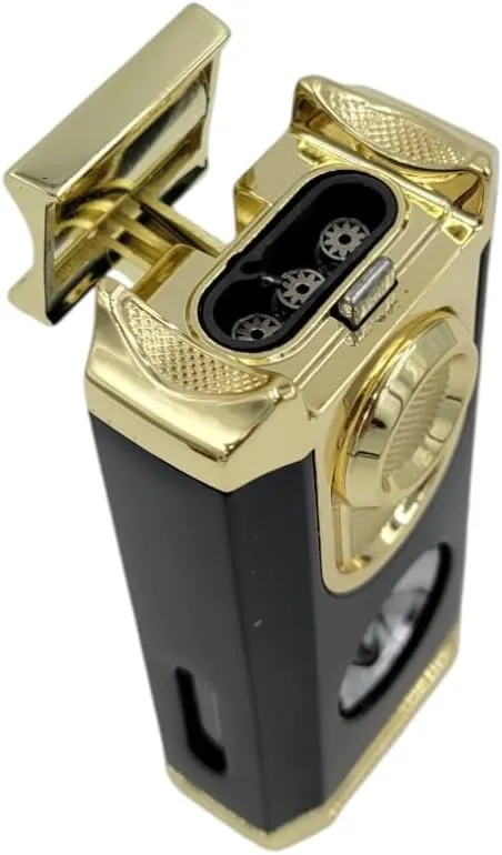 Ultimate 3-Burner Cigar Lighter with Integrated V-Cutter V-Cut Burner (Black & Gold)