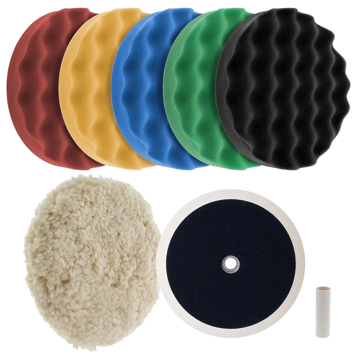 Ultimate 6 Pad Buffing and Polishing Kit with 6-8" Pads; 5 TCP Global Waffle Foam & 1 Wool Grip Pads and a 5/8" Threaded Polisher Grip Backing Plate