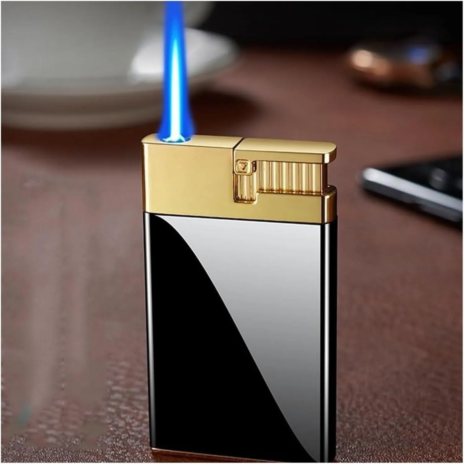 Ultra Slim Windproof Mini Lighter, Portable Metal Refillable Butane Blue Torch Lighter, Adjustable Jet Flame Cigar Lighter, Gift for Men and Women (Butane Not Included)(Gold)