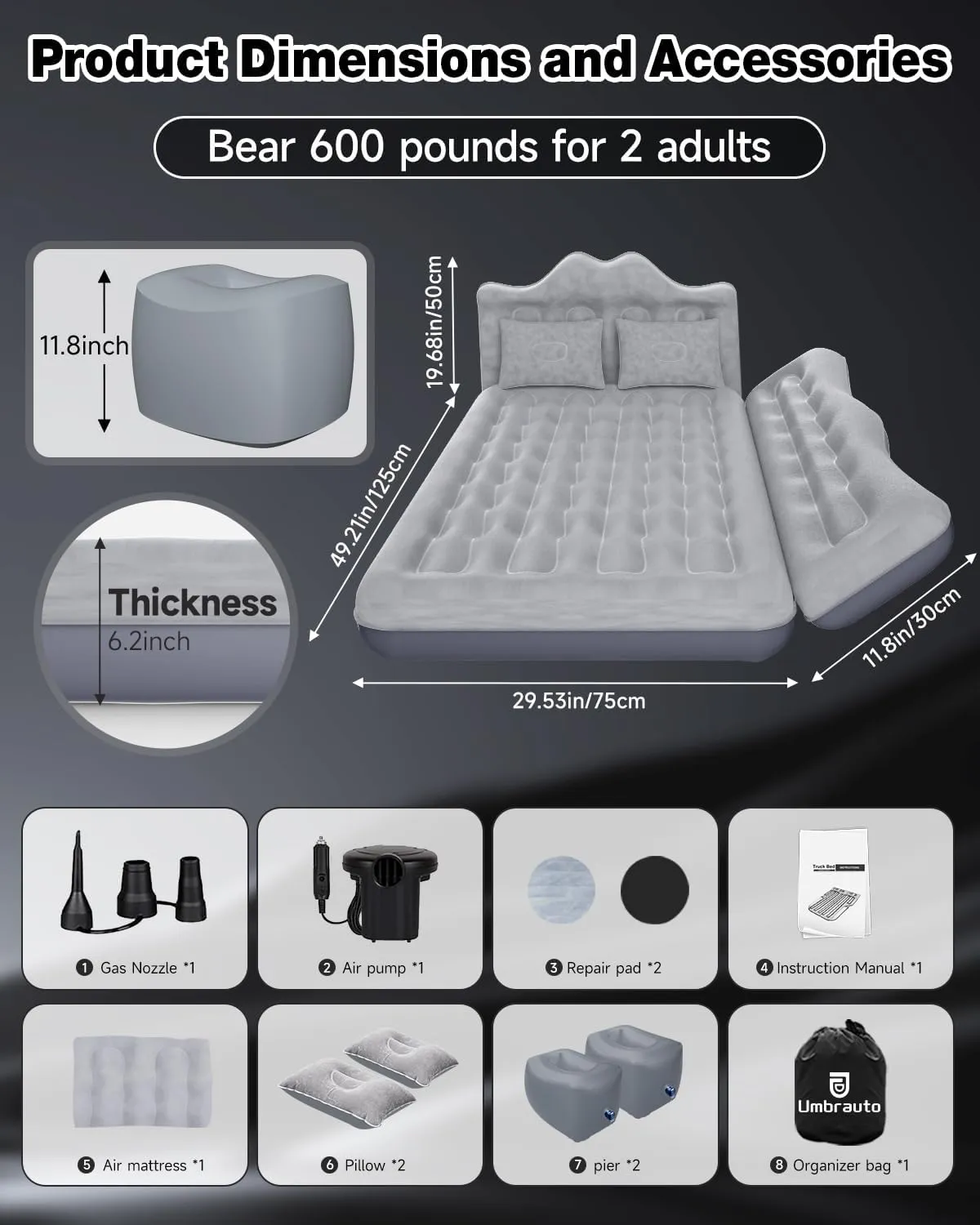 Umbrauto Car Air Mattress Bed: Inflatable SUV Camping Sleeping Pad for Truck Back Seat with Pump & Pillows, Blow Up Backseat Car Mattress for Van Rear Seat