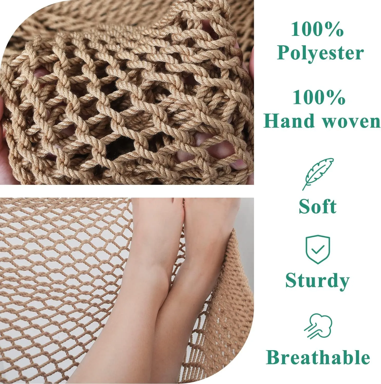 Upgraded Caribbean Hammock Chair with Detachable Metal Bar, Large Hammock Swing Chair, XL Rope Hanging Chair for Outdoor Indoor, 330 LBS Weight Capacity, Burlywood