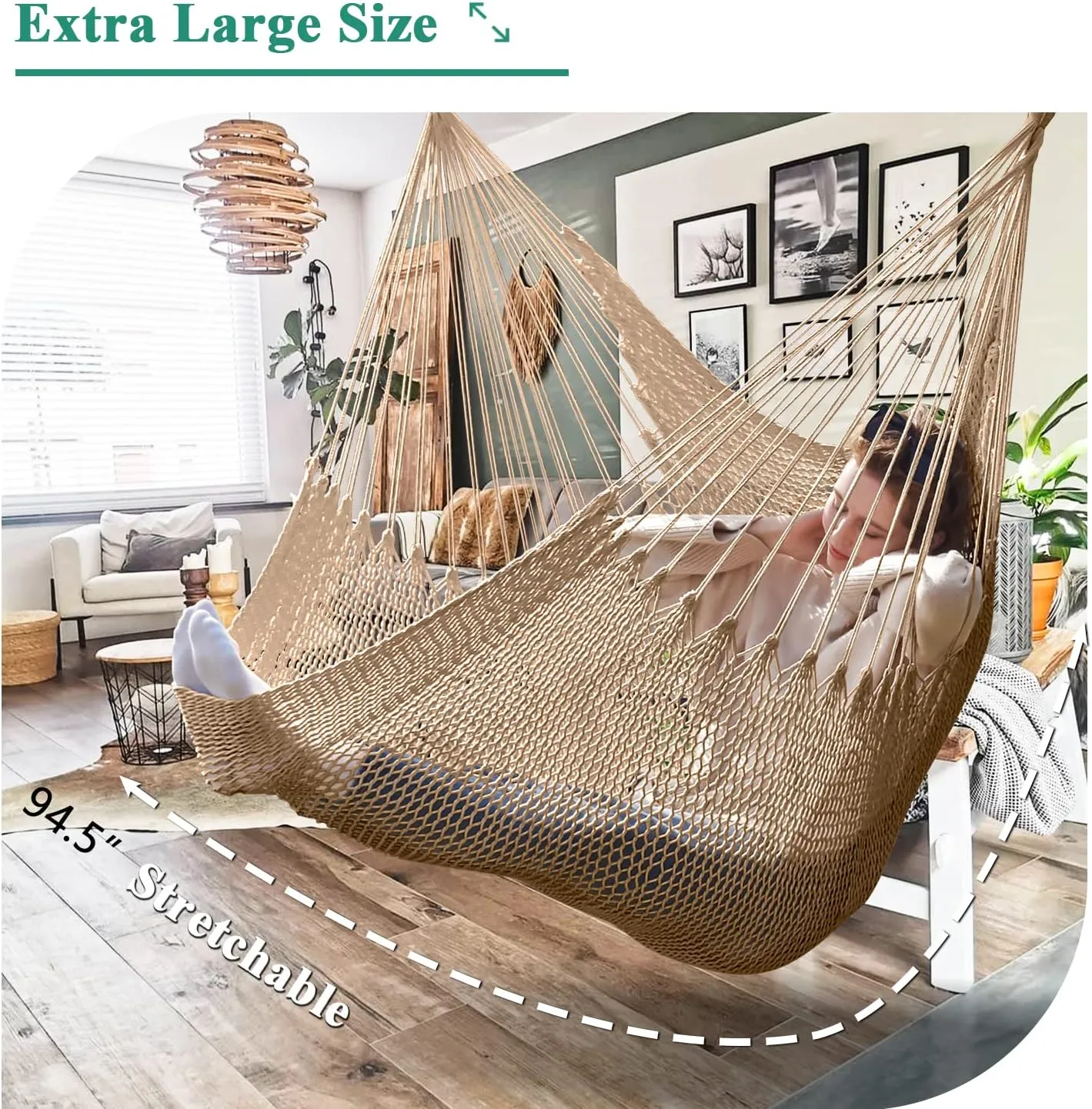 Upgraded Caribbean Hammock Chair with Detachable Metal Bar, Large Hammock Swing Chair, XL Rope Hanging Chair for Outdoor Indoor, 330 LBS Weight Capacity, Burlywood