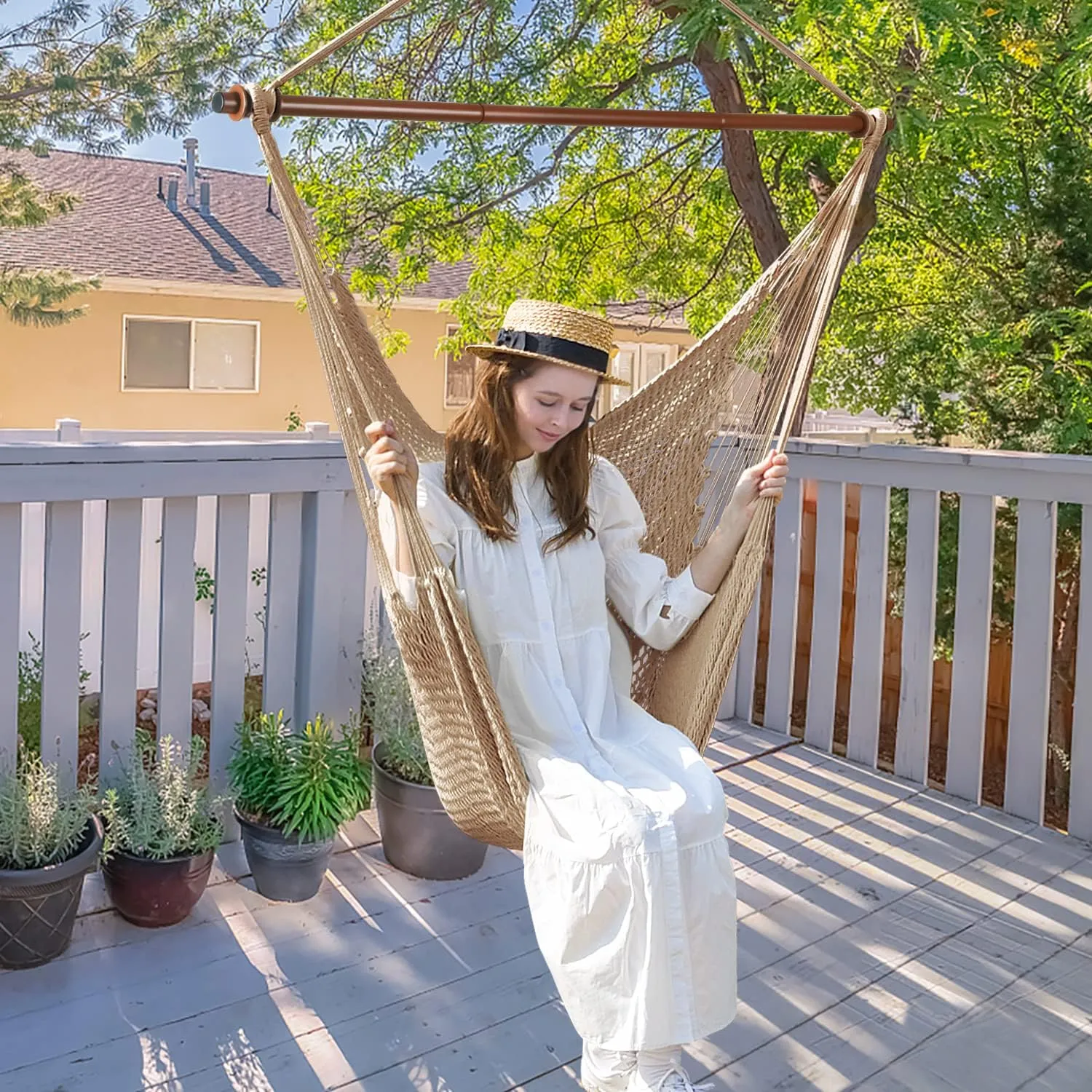 Upgraded Caribbean Hammock Chair with Detachable Metal Bar, Large Hammock Swing Chair, XL Rope Hanging Chair for Outdoor Indoor, 330 LBS Weight Capacity, Burlywood