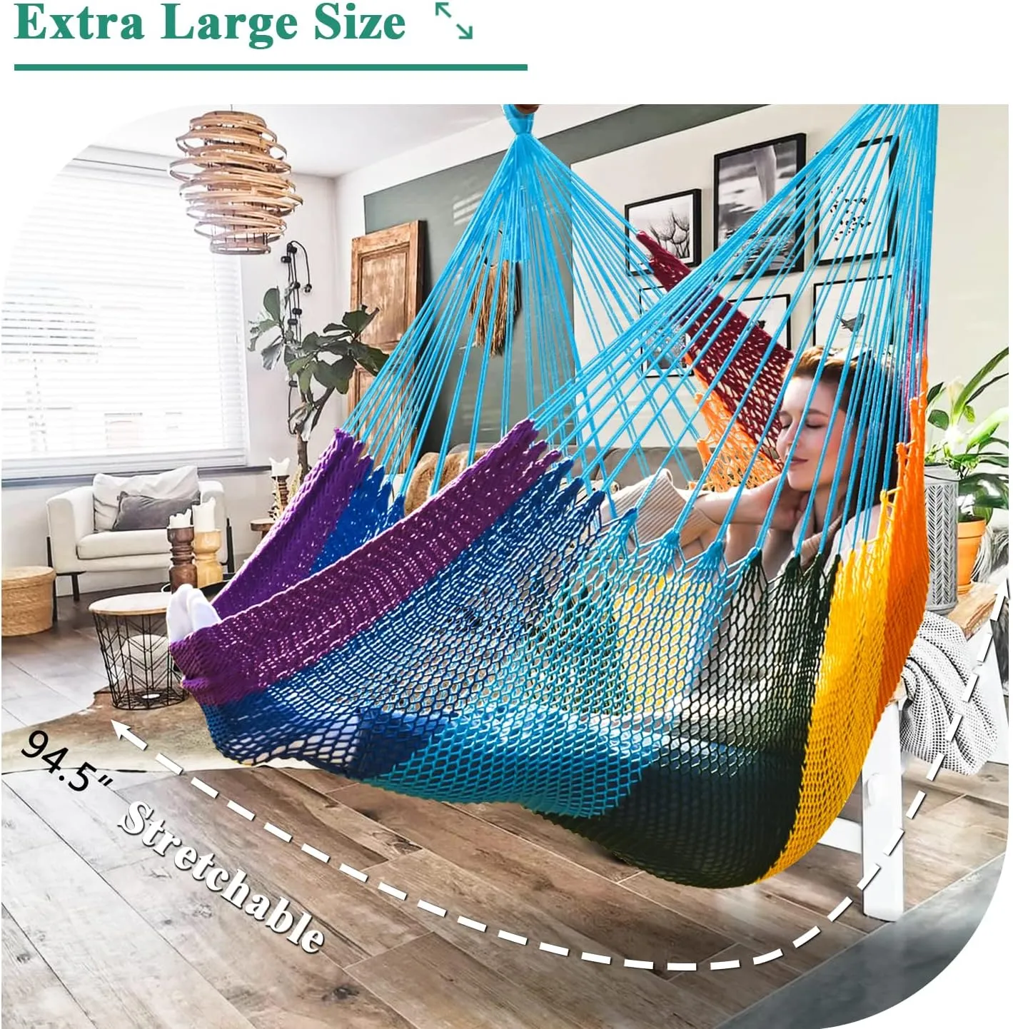 Upgraded Caribbean Hammock Chair with Detachable Metal Bar, Large Hammock Swing Chair, XL Rope Hanging Chair for Outdoor Indoor, 330 LBS Weight Capacity, HawaiiRainbow