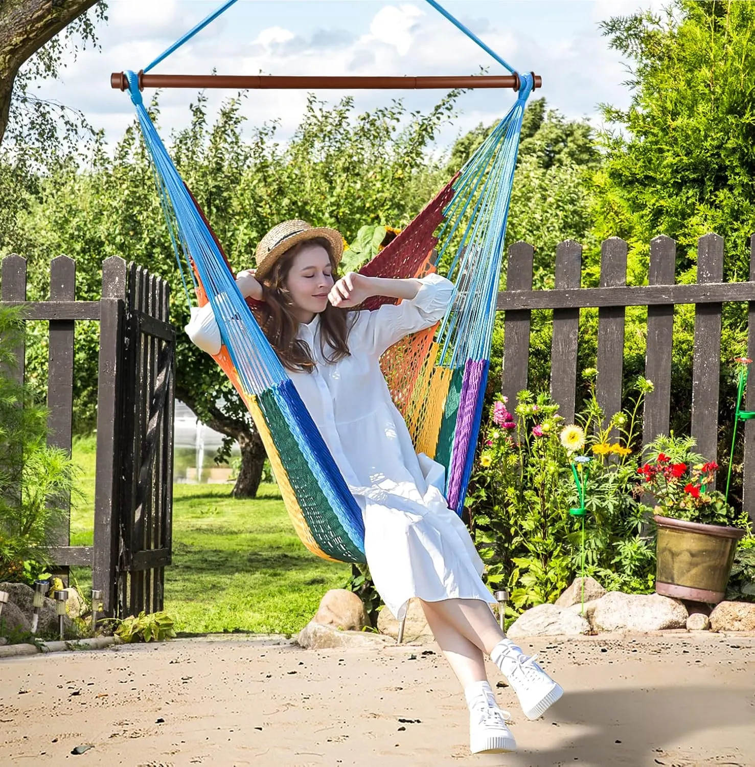 Upgraded Caribbean Hammock Chair with Detachable Metal Bar, Large Hammock Swing Chair, XL Rope Hanging Chair for Outdoor Indoor, 330 LBS Weight Capacity, HawaiiRainbow