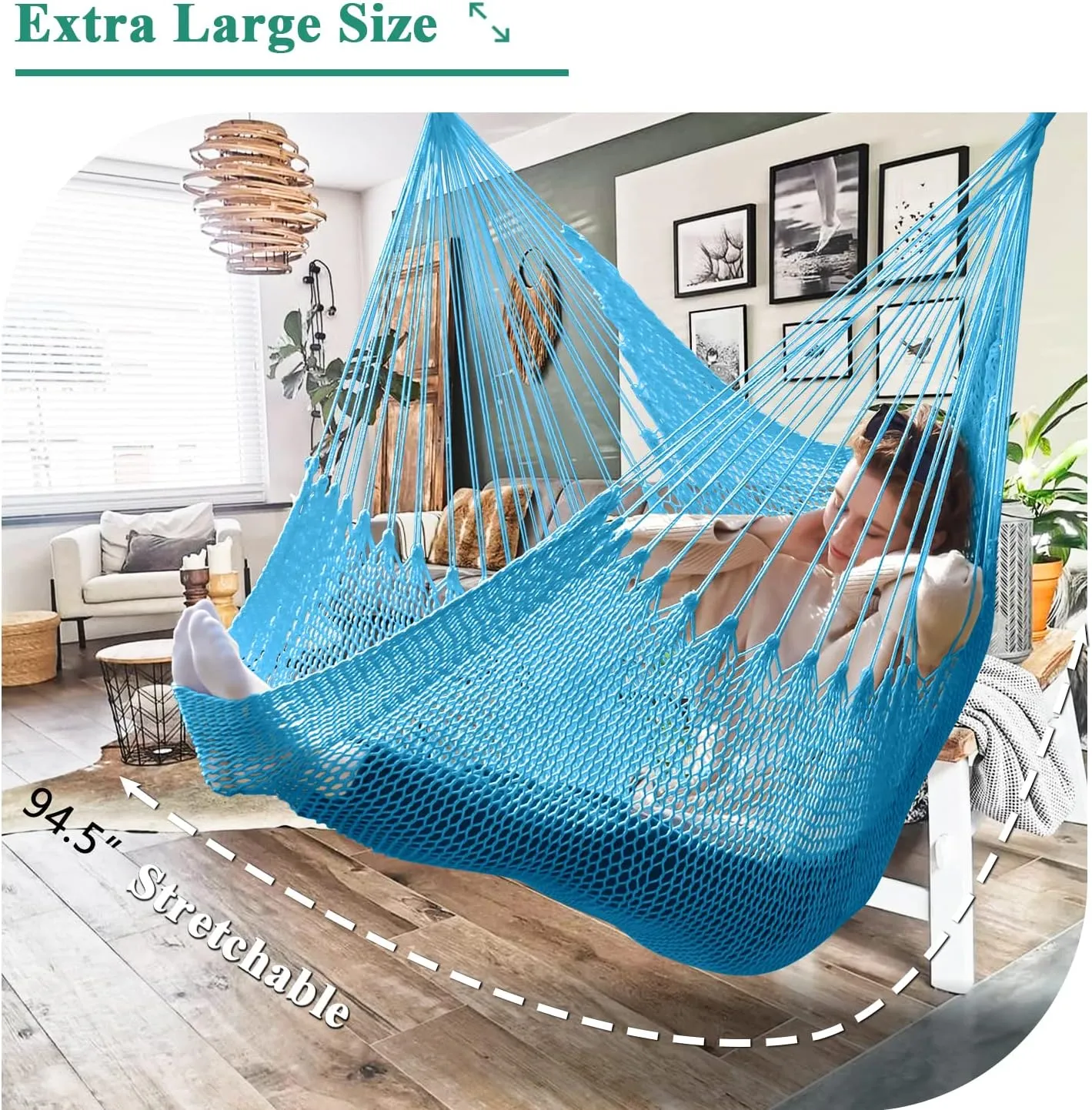 Upgraded Caribbean Hammock Chair with Detachable Metal Bar, Large Hammock Swing Chair, XL Rope Hanging Chair for Outdoor Indoor, 330lbs Weight Capacity, DeepSkyBlue