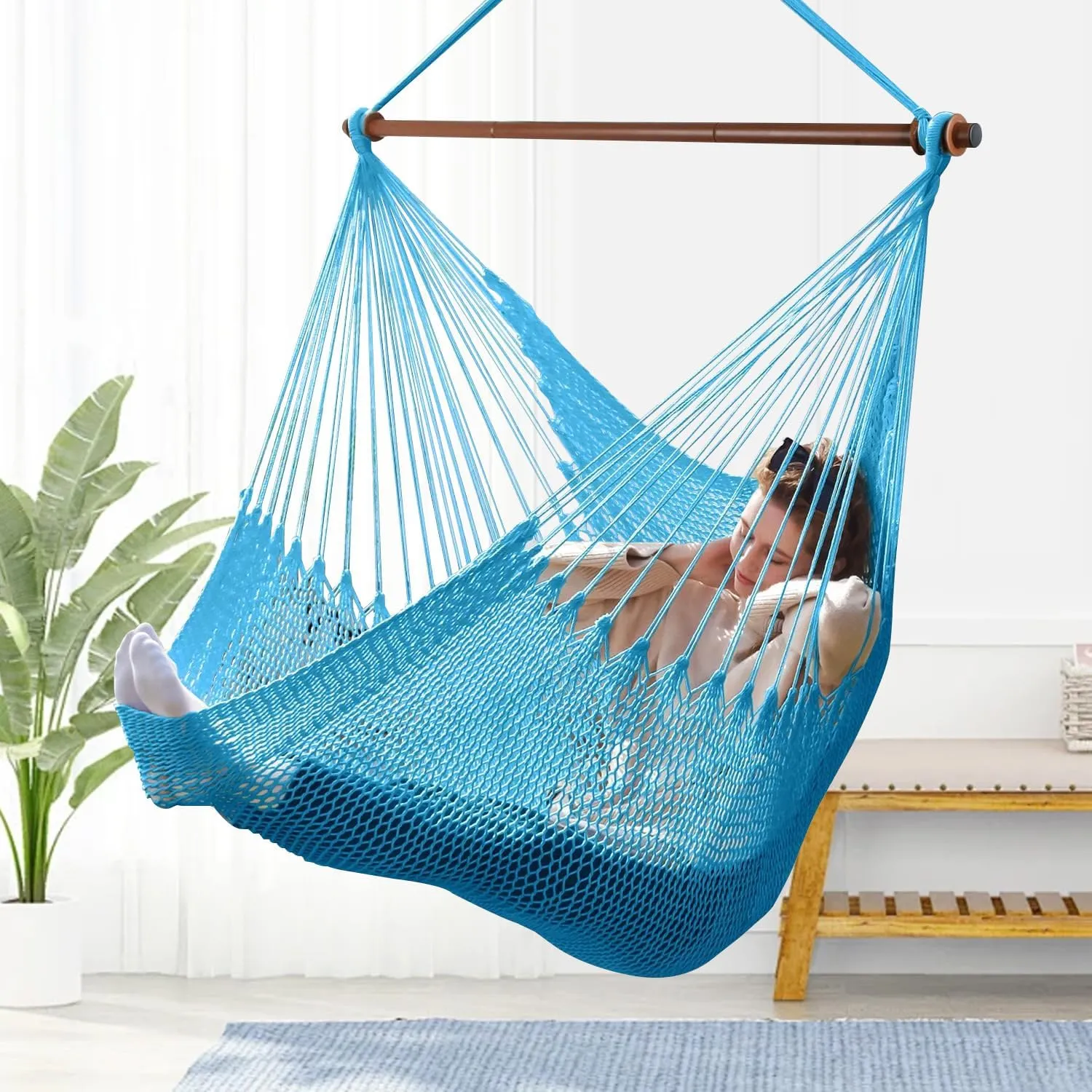 Upgraded Caribbean Hammock Chair with Detachable Metal Bar, Large Hammock Swing Chair, XL Rope Hanging Chair for Outdoor Indoor, 330lbs Weight Capacity, DeepSkyBlue