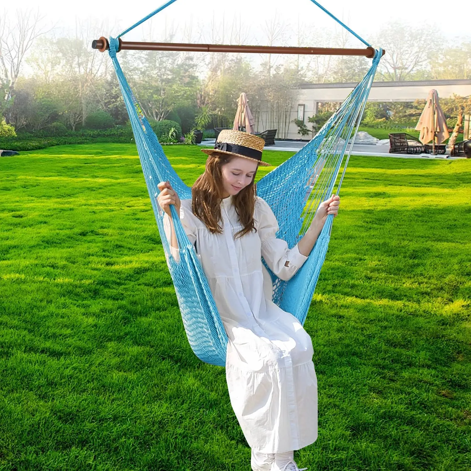Upgraded Caribbean Hammock Chair with Detachable Metal Bar, Large Hammock Swing Chair, XL Rope Hanging Chair for Outdoor Indoor, 330lbs Weight Capacity, DeepSkyBlue
