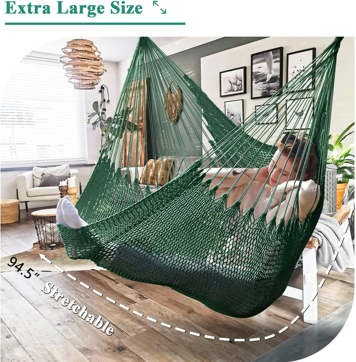 Upgraded Caribbean Hammock Chair with Detachable Metal Bar, Large Hammock Swing Chair, XL Rope Hanging Chair for Outdoor Indoor, 330lbs Weight Capacity, ForestGreen