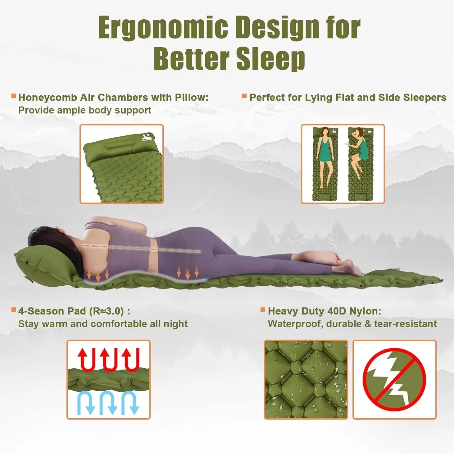 Valehowl Lightweight Camping Sleeping Pad with Pillow & Built-In Pump