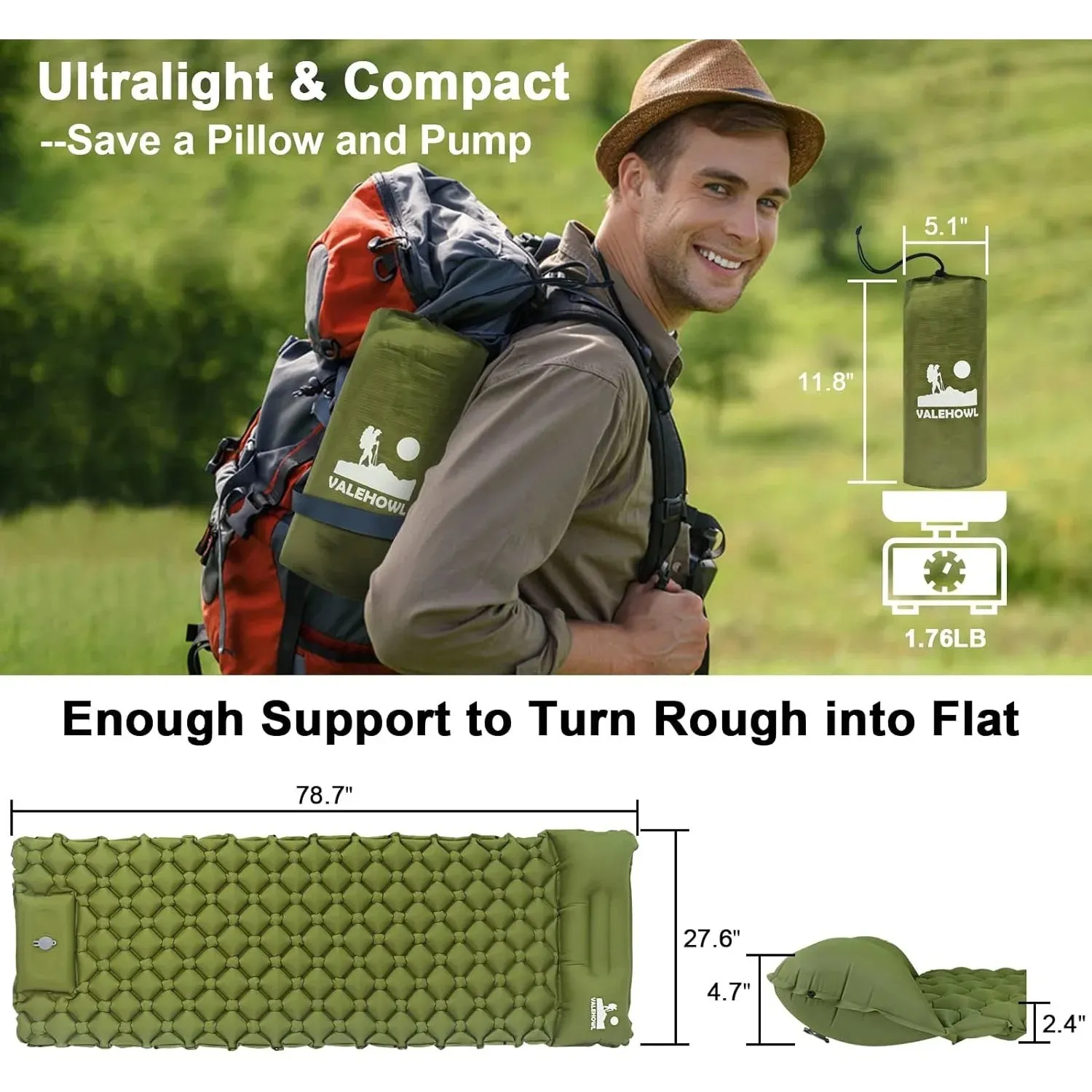 Valehowl Lightweight Camping Sleeping Pad with Pillow & Built-In Pump
