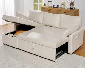 VanAcc Sleeper Sofa, Sofa Bed- 2 in 1 Pull Out Couch Bed with Storage Chaise, Sofa Sleeper Couch for Living Room, Off-White Leathaire Sofa