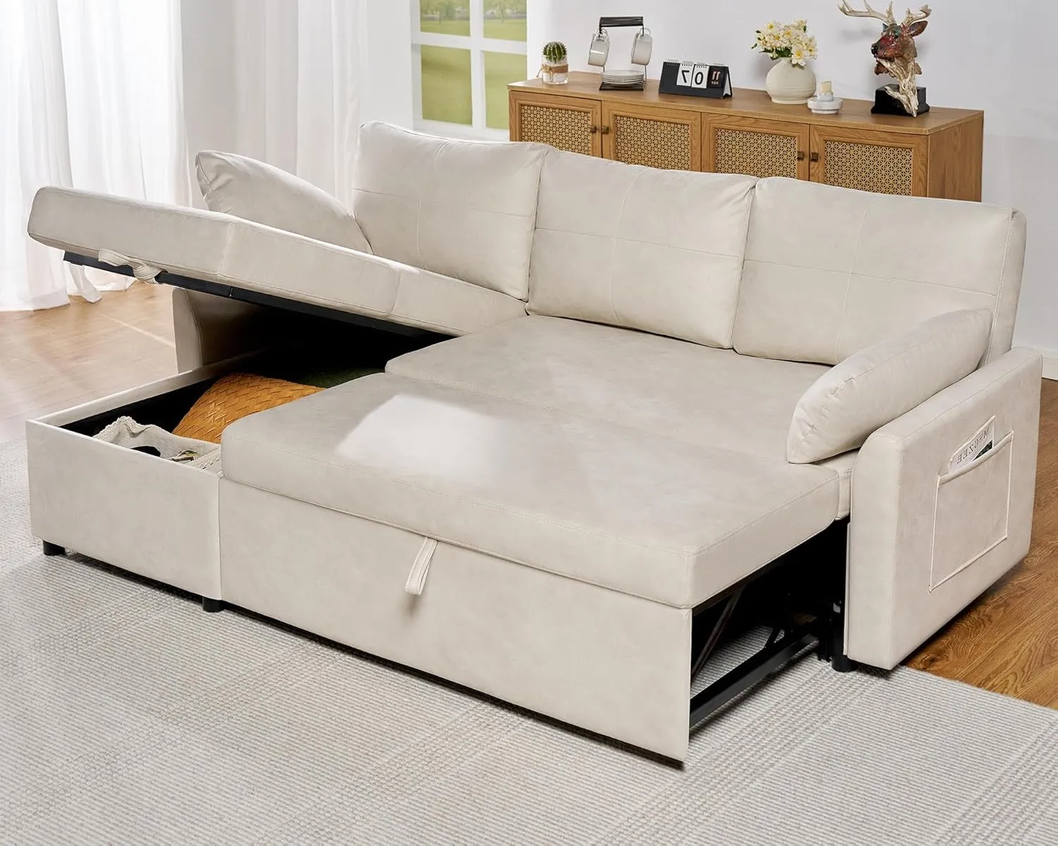 VanAcc Sleeper Sofa, Sofa Bed- 2 in 1 Pull Out Couch Bed with Storage Chaise, Sofa Sleeper Couch for Living Room, Off-White Leathaire Sofa