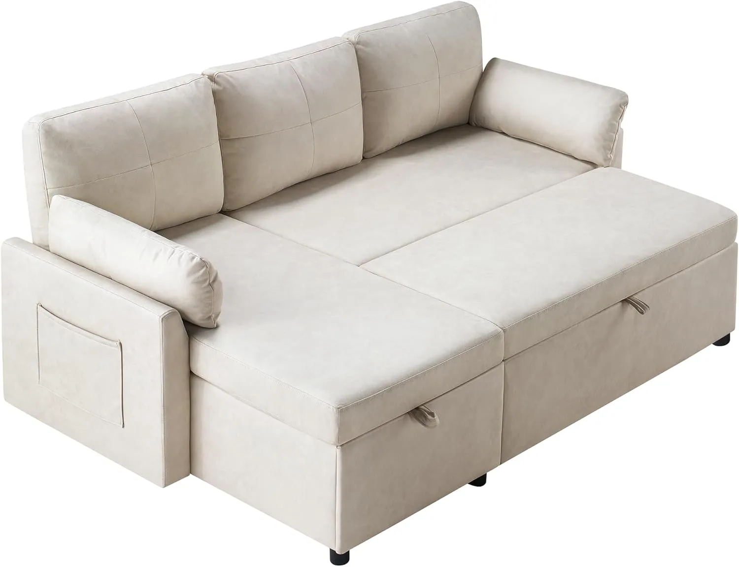 VanAcc Sleeper Sofa, Sofa Bed- 2 in 1 Pull Out Couch Bed with Storage Chaise, Sofa Sleeper Couch for Living Room, Off-White Leathaire Sofa