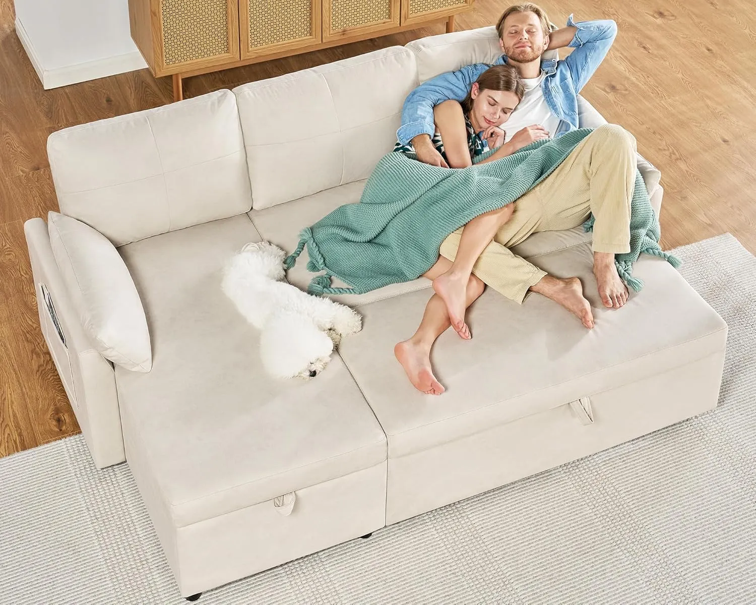 VanAcc Sleeper Sofa, Sofa Bed- 2 in 1 Pull Out Couch Bed with Storage Chaise, Sofa Sleeper Couch for Living Room, Off-White Leathaire Sofa