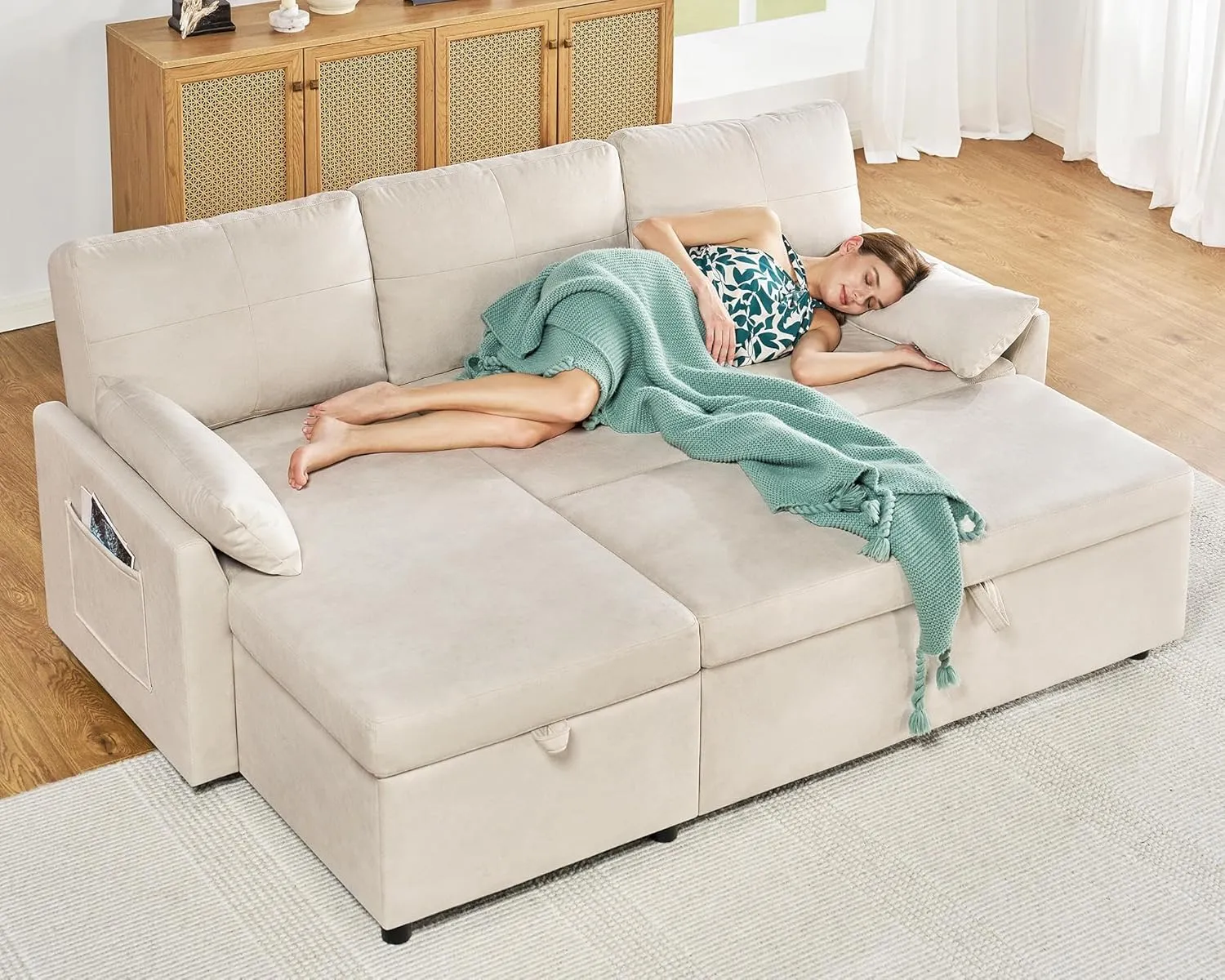 VanAcc Sleeper Sofa, Sofa Bed- 2 in 1 Pull Out Couch Bed with Storage Chaise, Sofa Sleeper Couch for Living Room, Off-White Leathaire Sofa