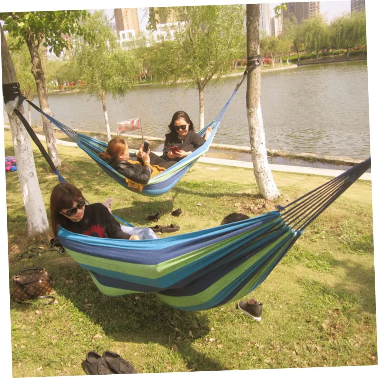 VANZACK 2 Person Hammock Swing Double Camping Canvas Portable Outdoor Travel Rainbow Striped