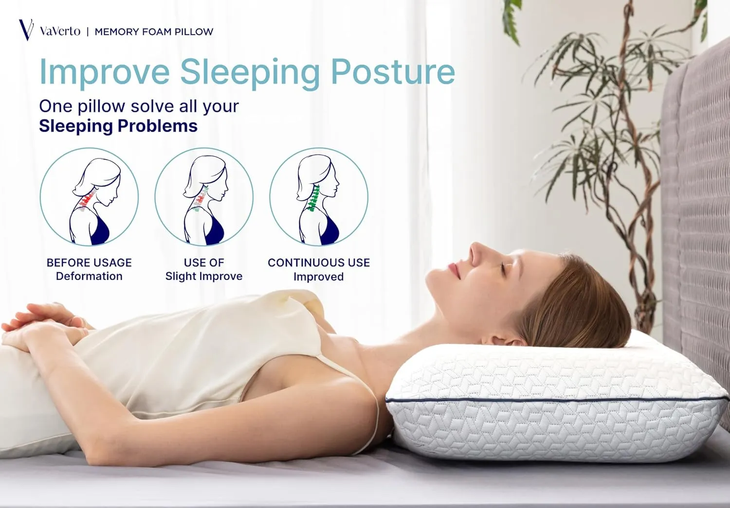 Vaverto Gel Memory Foam Pillow - Standard Size, 1 Pack, Firm Pillow for Neck and Shoulder Support, Orthopedic, Firm, Cooling, Contoured Memory Foam Pillows for Back, Side, Stomach Sleepers