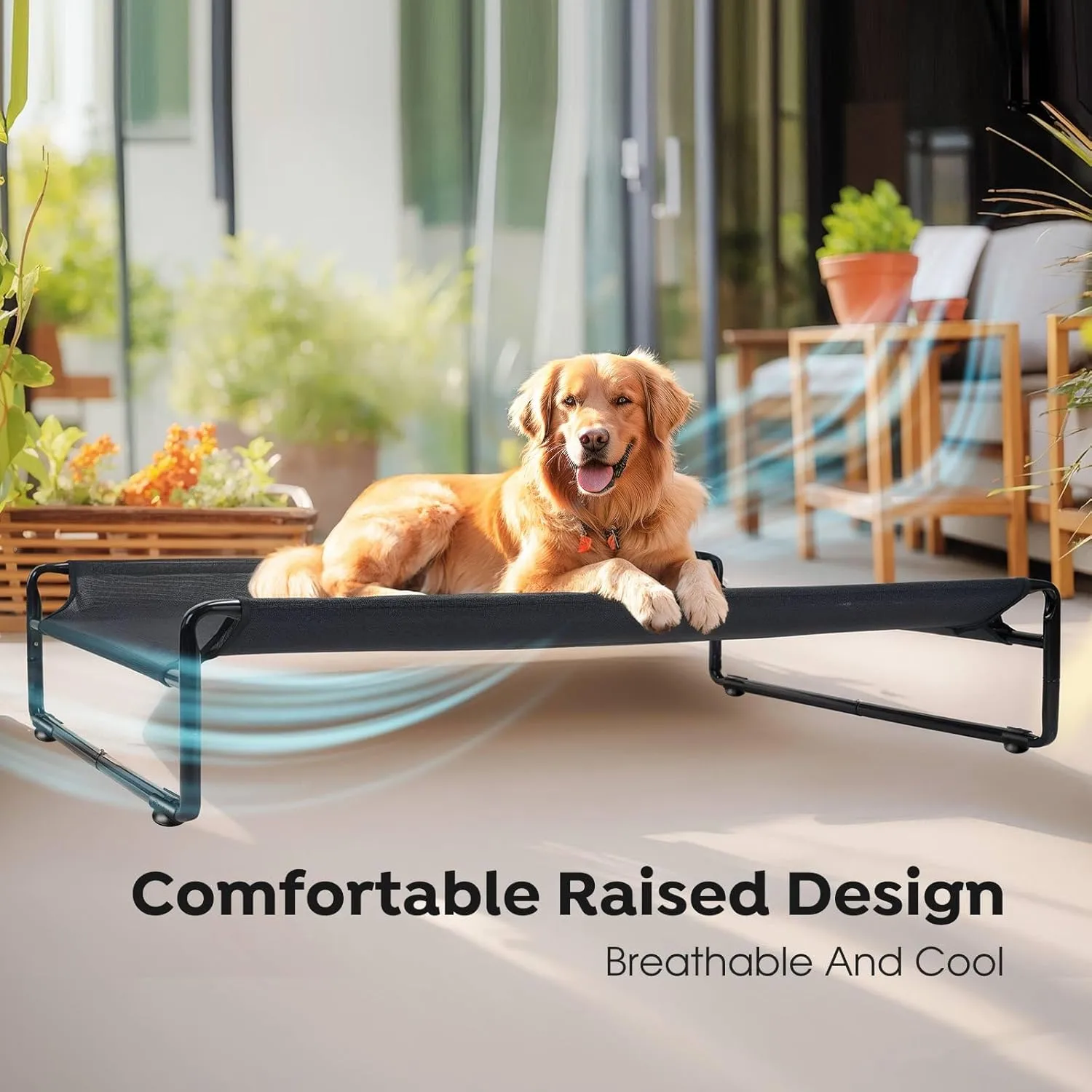 Veehoo Original Outdoor Elevated Dog Bed, Cooling Raised Dog Cot for Large Dogs, Portable Standing Pet Hammock Platform with Washable Breathable Mesh, No-Slip Feet, X-Large, Black, CWC2201