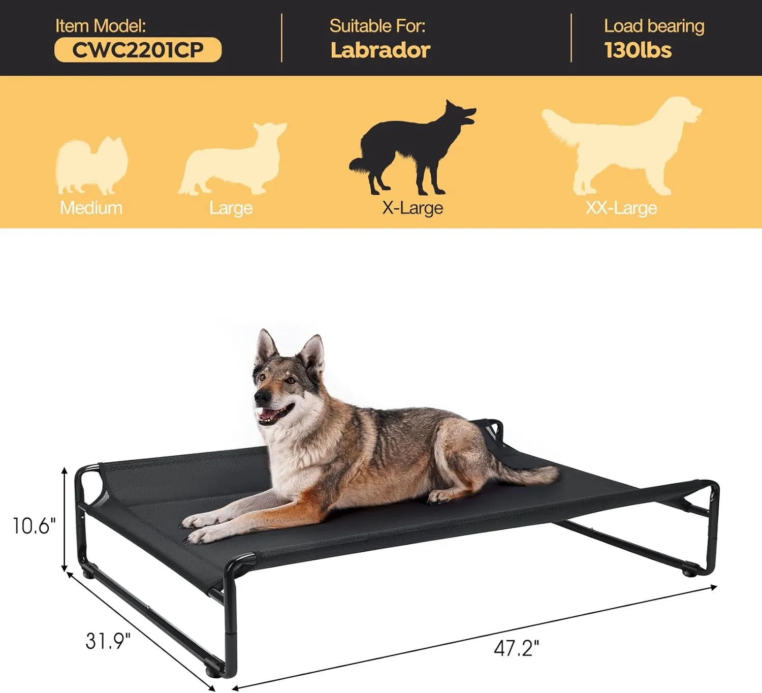 Veehoo Original Outdoor Elevated Dog Bed, Cooling Raised Dog Cot for Large Dogs, Portable Standing Pet Hammock Platform with Washable Breathable Mesh, No-Slip Feet, X-Large, Black, CWC2201