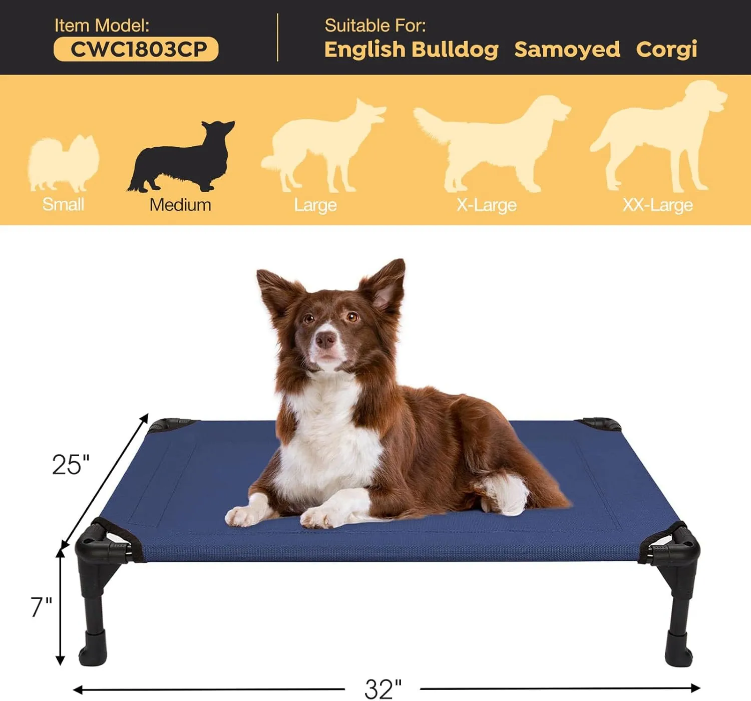 Veehoo Outdoor Elevated Dog Cot Bed, Cooling Raised Pet Bed for Medium Dogs, Washable Breathable Mesh Hammock Bed with No-Slip Feet, Indestructible Ground Off Training Platform Cot-32"x25" Blue