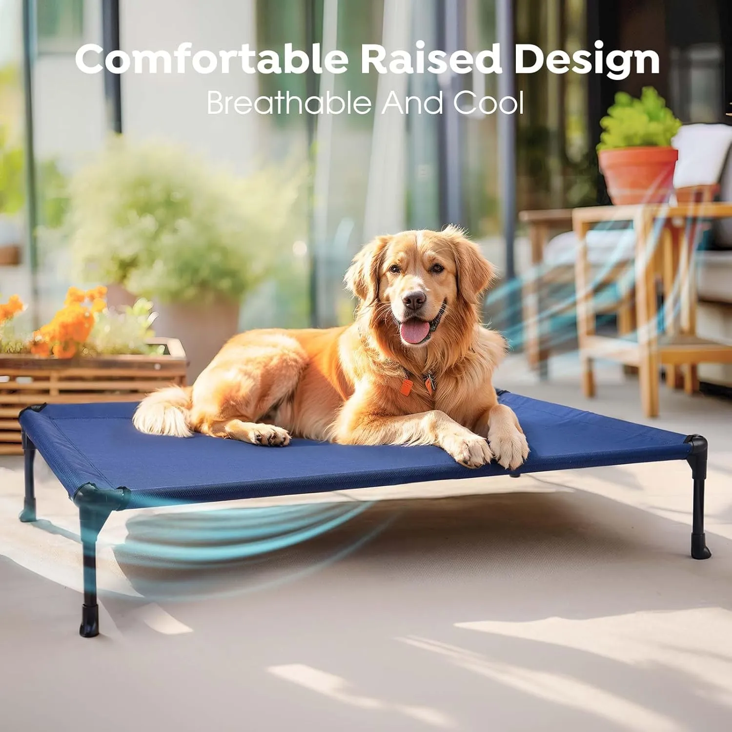 Veehoo Outdoor Elevated Dog Cot Bed, Cooling Raised Pet Bed for Medium Dogs, Washable Breathable Mesh Hammock Bed with No-Slip Feet, Indestructible Ground Off Training Platform Cot-32"x25" Blue