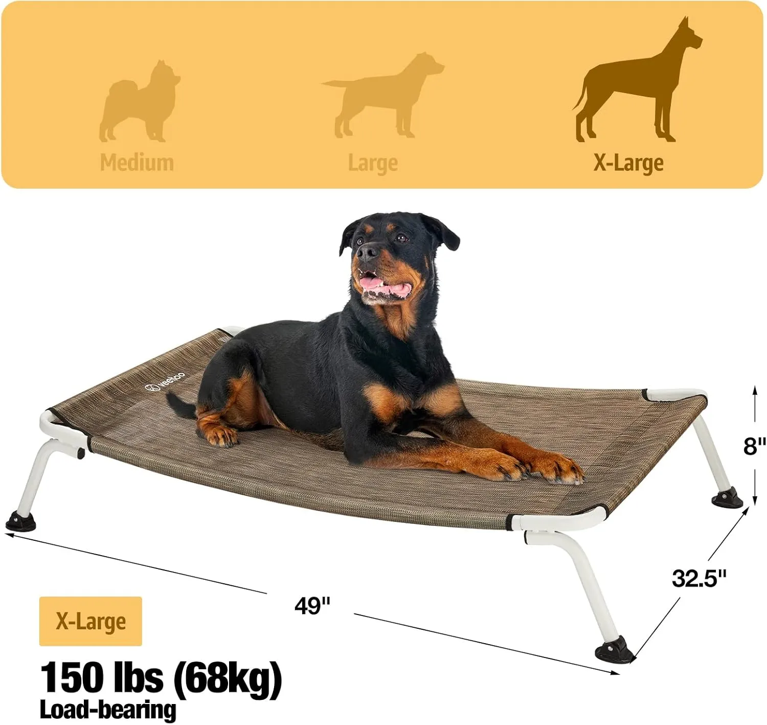 Veehoo Outdoor Elevated Dog Cot, Curved Raised Cooling Dog Cots Bed Off Ground Portable Lifted Pet Hammock Bed Cot with Breathable Teslin Mesh for Indoor Outdoor, up to 150lbs, Brown 49"
