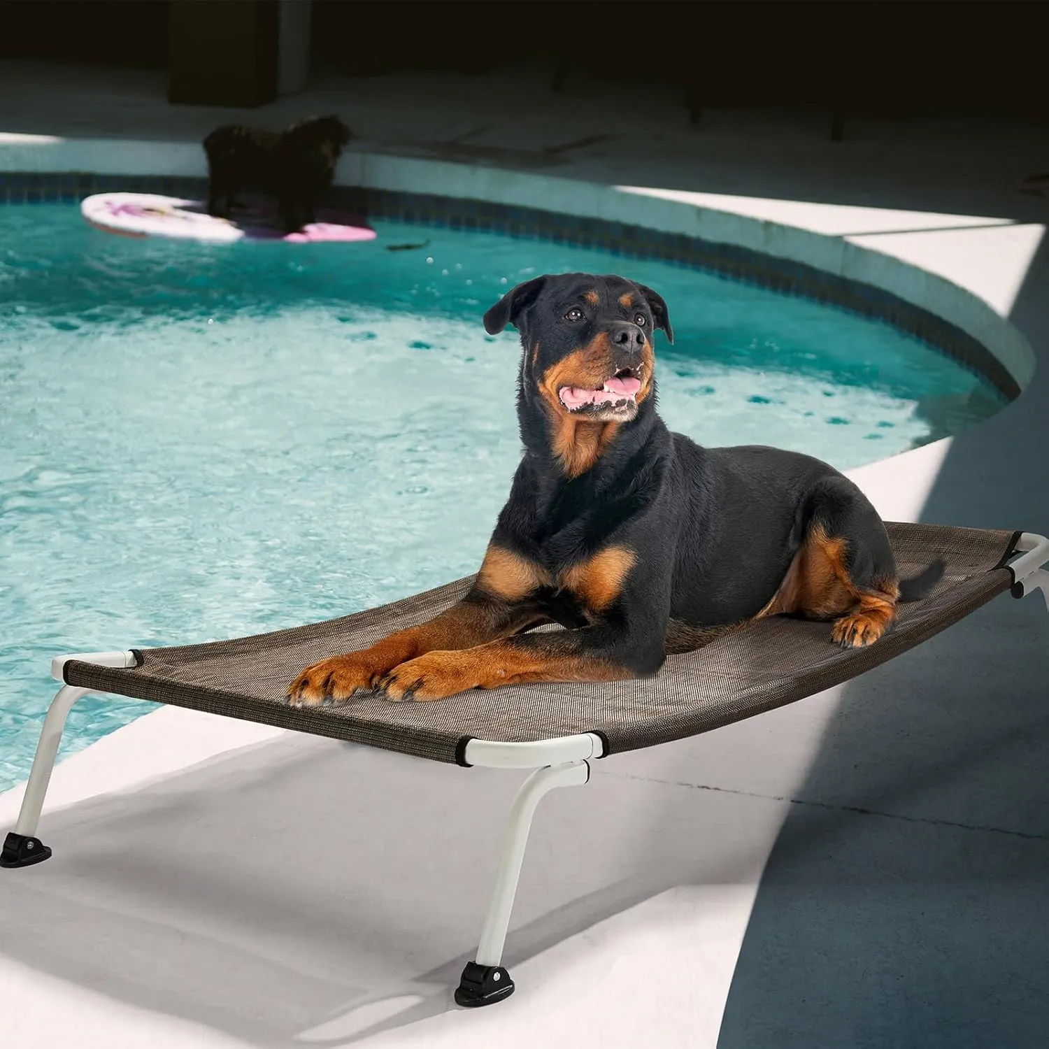 Veehoo Outdoor Elevated Dog Cot, Curved Raised Cooling Dog Cots Bed Off Ground Portable Lifted Pet Hammock Bed Cot with Breathable Teslin Mesh for Indoor Outdoor, up to 150lbs, Brown 49"