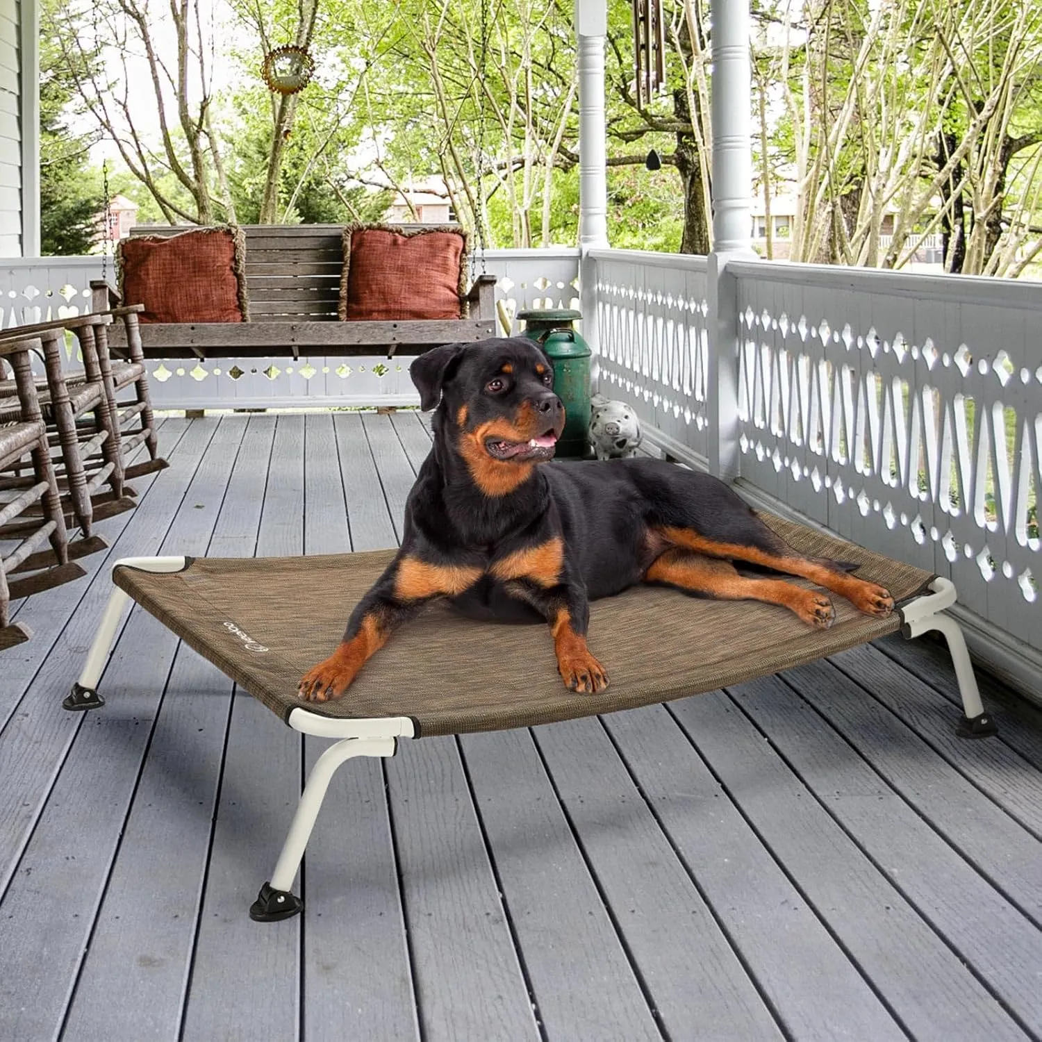 Veehoo Outdoor Elevated Dog Cot, Curved Raised Cooling Dog Cots Bed Off Ground Portable Lifted Pet Hammock Bed Cot with Breathable Teslin Mesh for Indoor Outdoor, up to 150lbs, Brown 49"