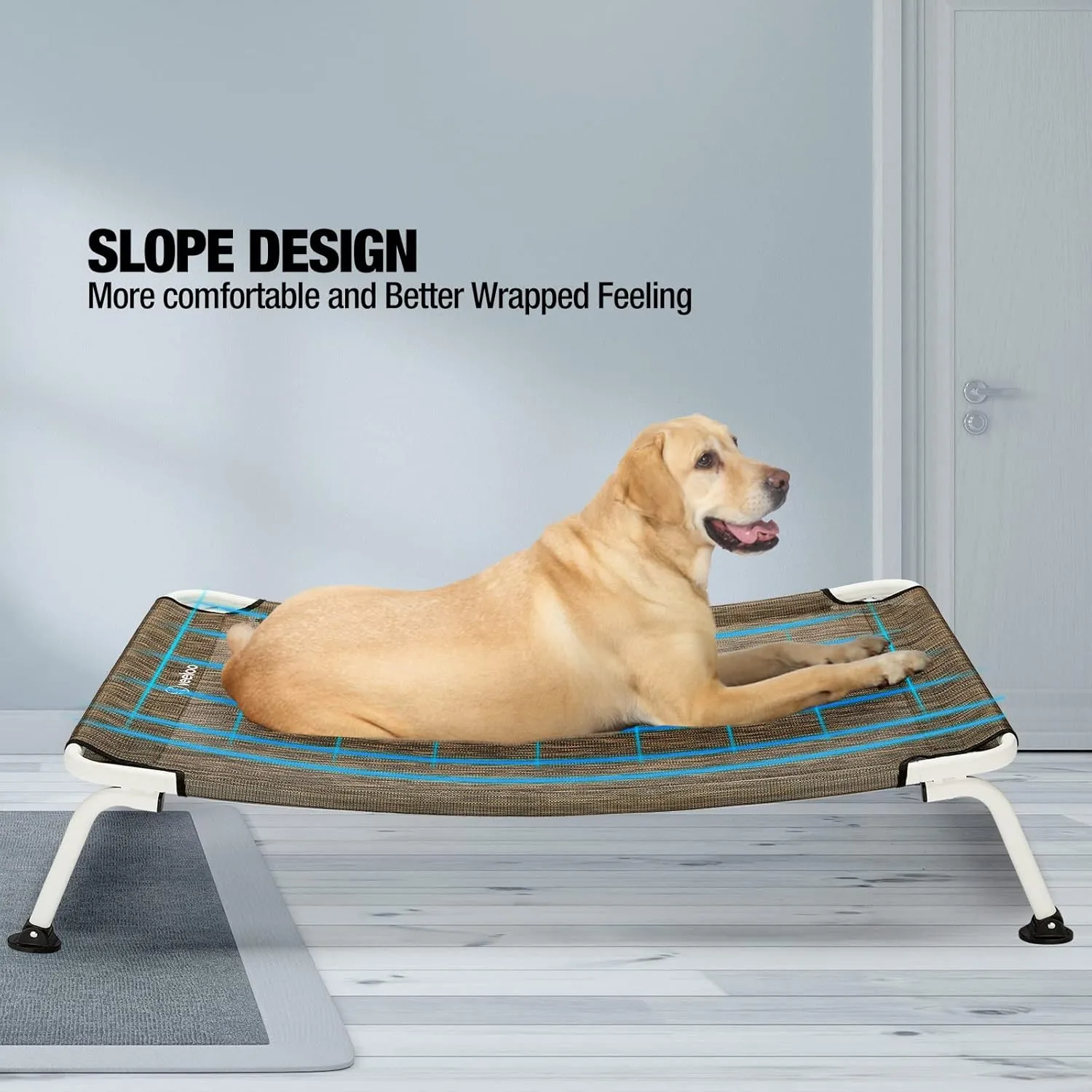 Veehoo Outdoor Elevated Dog Cot, Curved Raised Cooling Dog Cots Bed Off Ground Portable Lifted Pet Hammock Bed Cot with Breathable Teslin Mesh for Indoor Outdoor, up to 150lbs, Brown 49"
