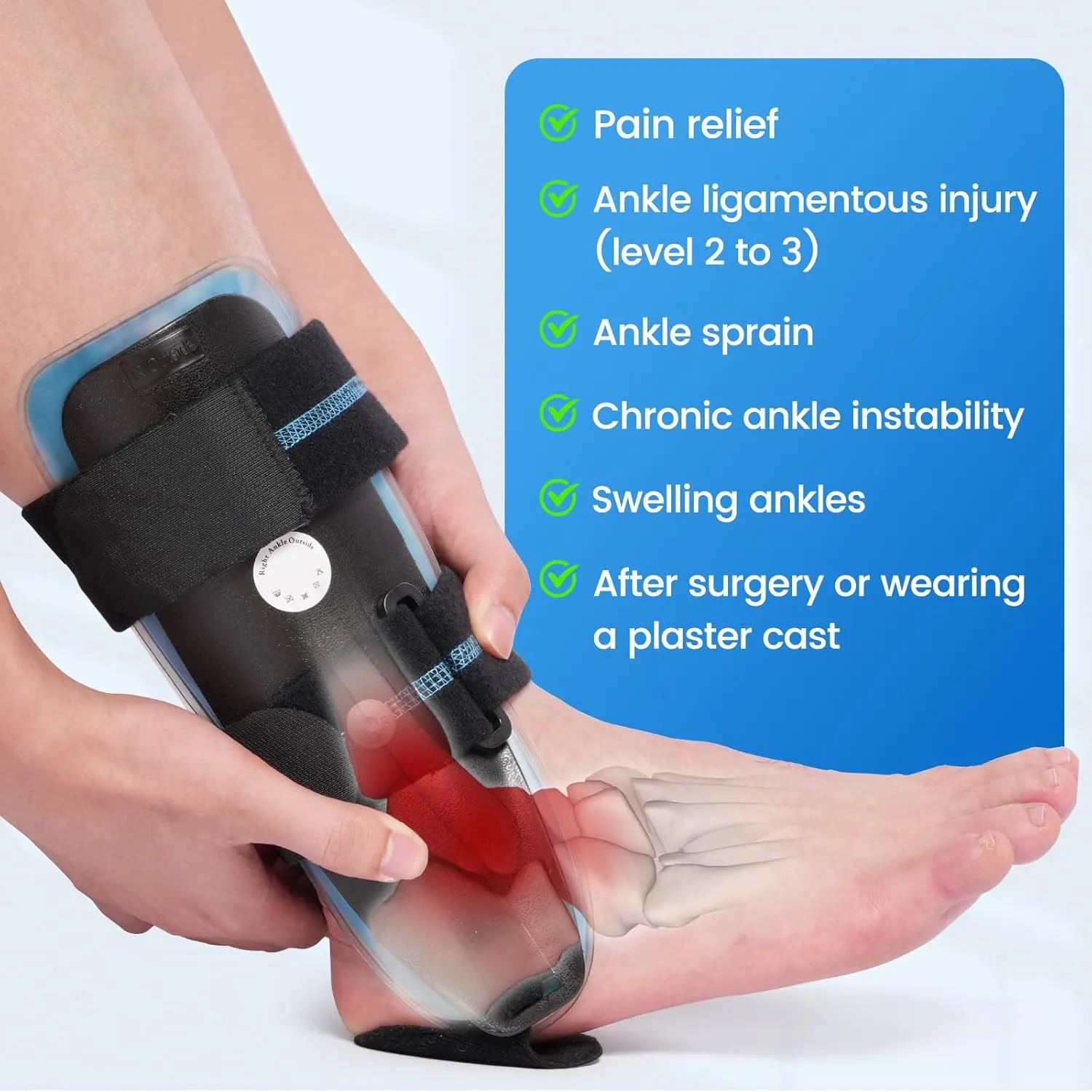 Velpeau Air Gel Foam Ankle Stabilizer Support Brace for Sprained Ankle, Ligament Injury, Tendonitis, Adjustable Rigid Stirrup Ankle Splint for Women and Men (Gel Version, Large, Right Foot)