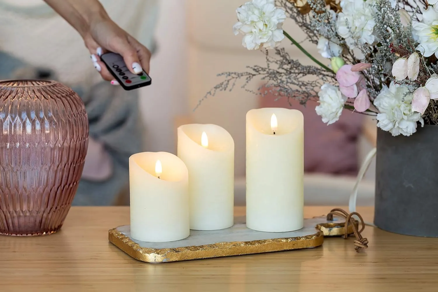 VENTA Flameless Candles Battery Operated Flickering Flameless Candles with Remote Moving Flame, Real Wax, Melted Edge. Timer and Dimmer Features, Set - 3 Pcs. (4", 5", 6") (Ivory)