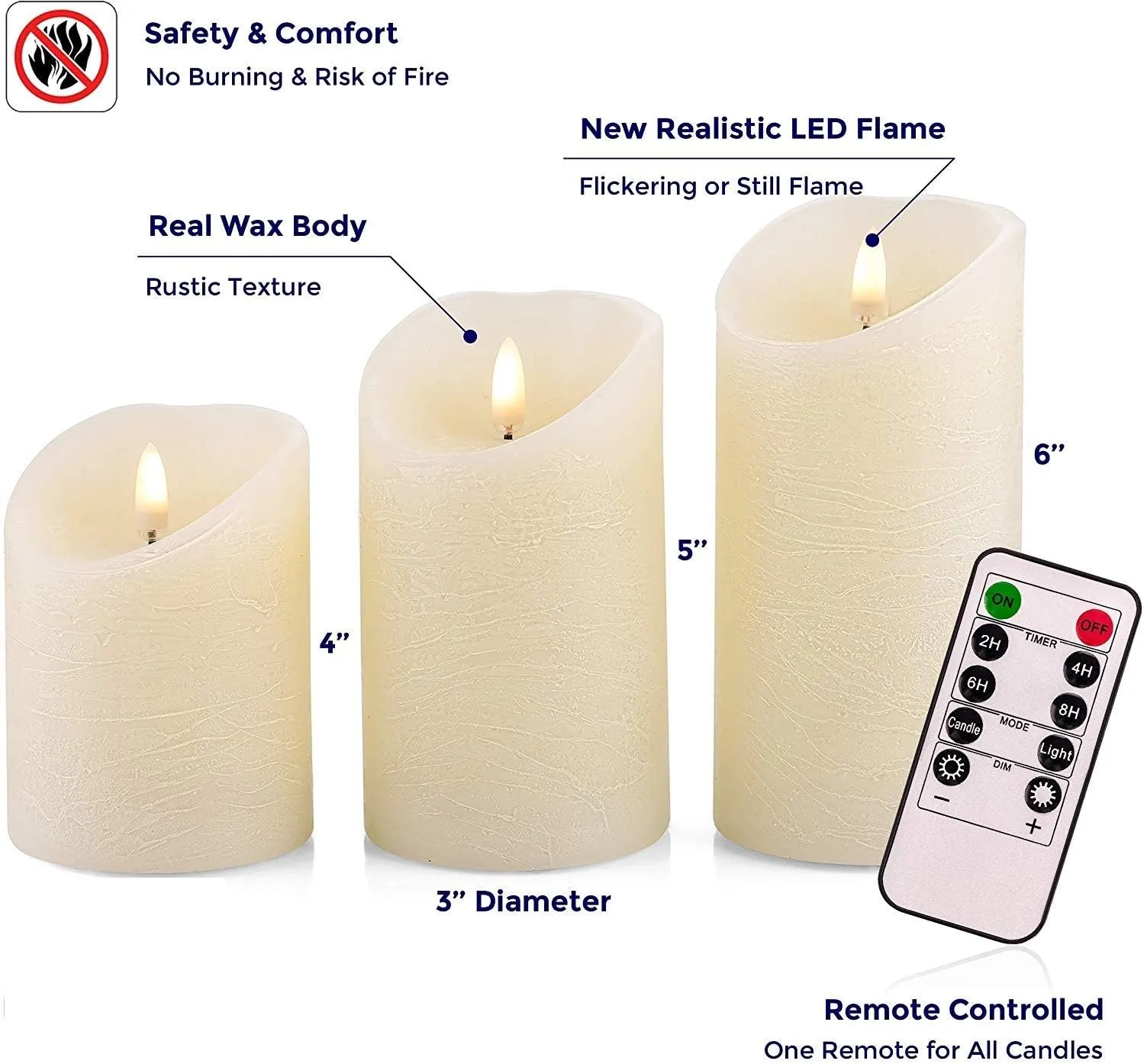 VENTA Flameless Candles Battery Operated Flickering Flameless Candles with Remote Moving Flame, Real Wax, Melted Edge. Timer and Dimmer Features, Set - 3 Pcs. (4", 5", 6") (Ivory)