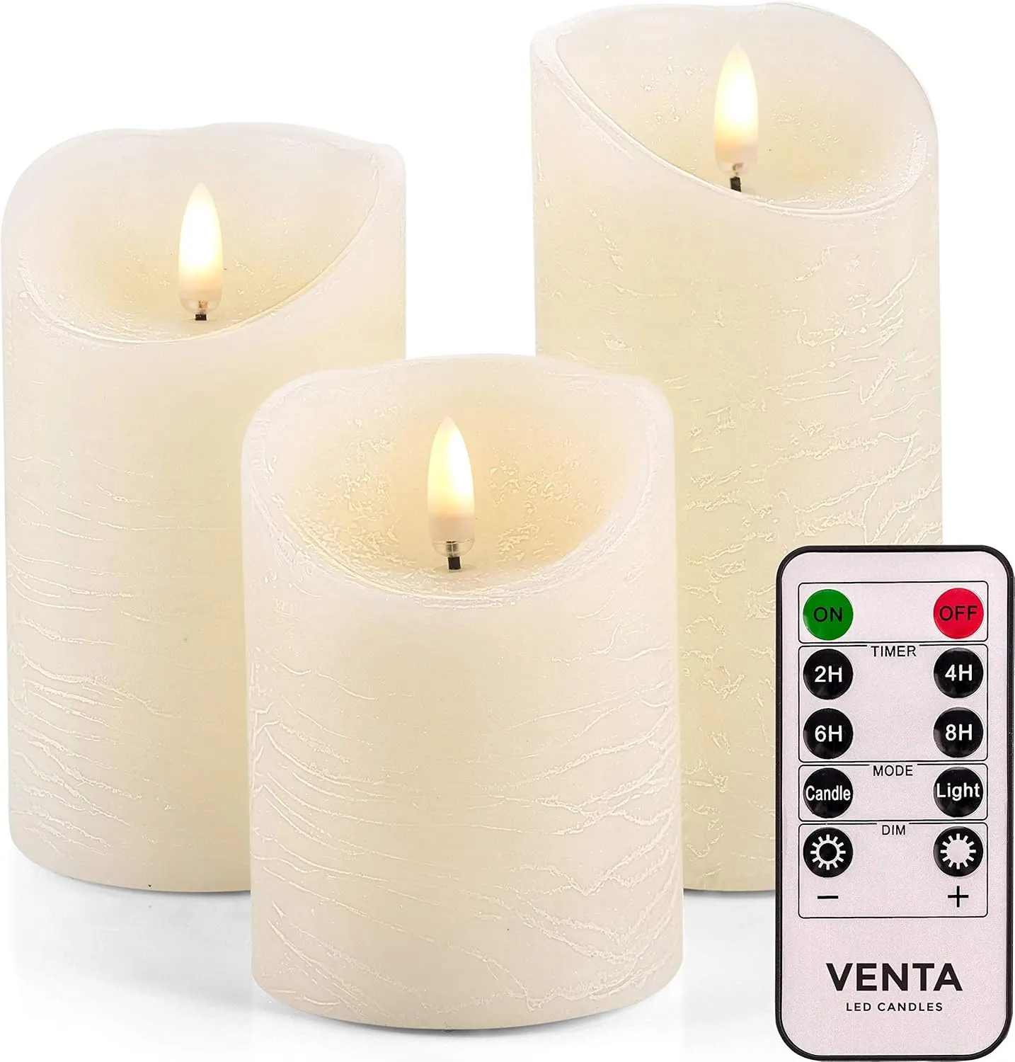 VENTA Flameless Candles Battery Operated Flickering Flameless Candles with Remote Moving Flame, Real Wax, Melted Edge. Timer and Dimmer Features, Set - 3 Pcs. (4", 5", 6") (Ivory)