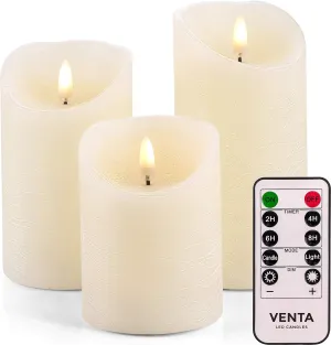 VENTA Flameless Candles Battery Operated Flickering Flameless Candles with Remote Moving Flame, Real Wax, Melted Edge. Timer and Dimmer Features, Set - 3 Pcs. (4", 5", 6") (Ivory)